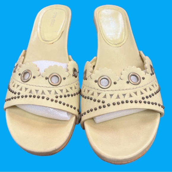 Miu Miu Shoes - Miu Miu Pale Green  Leather & Wood Kitten Heel Slides - 37.5  -Prada